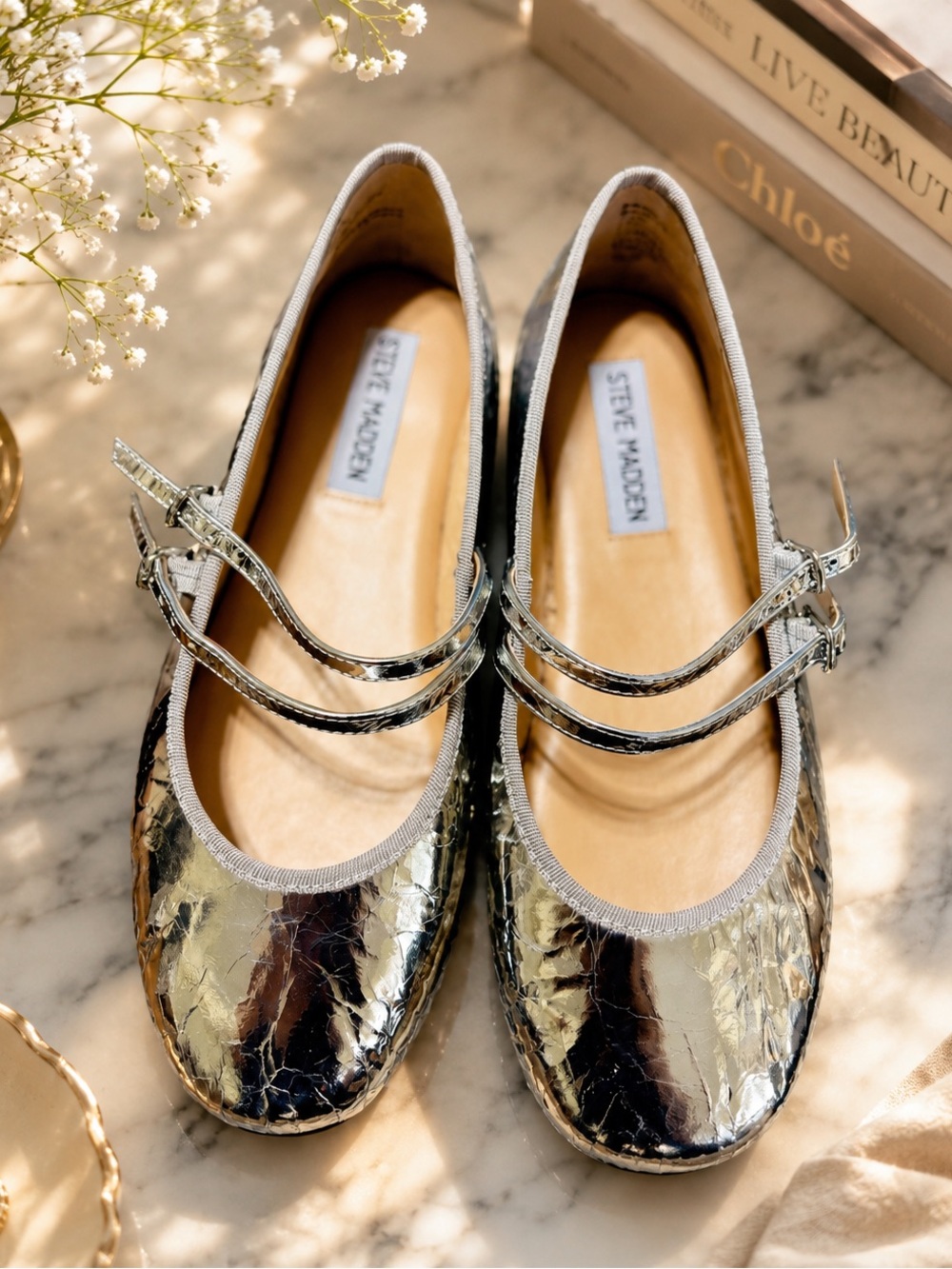 Steve Madden Shiny Silver Mary Jane Flats